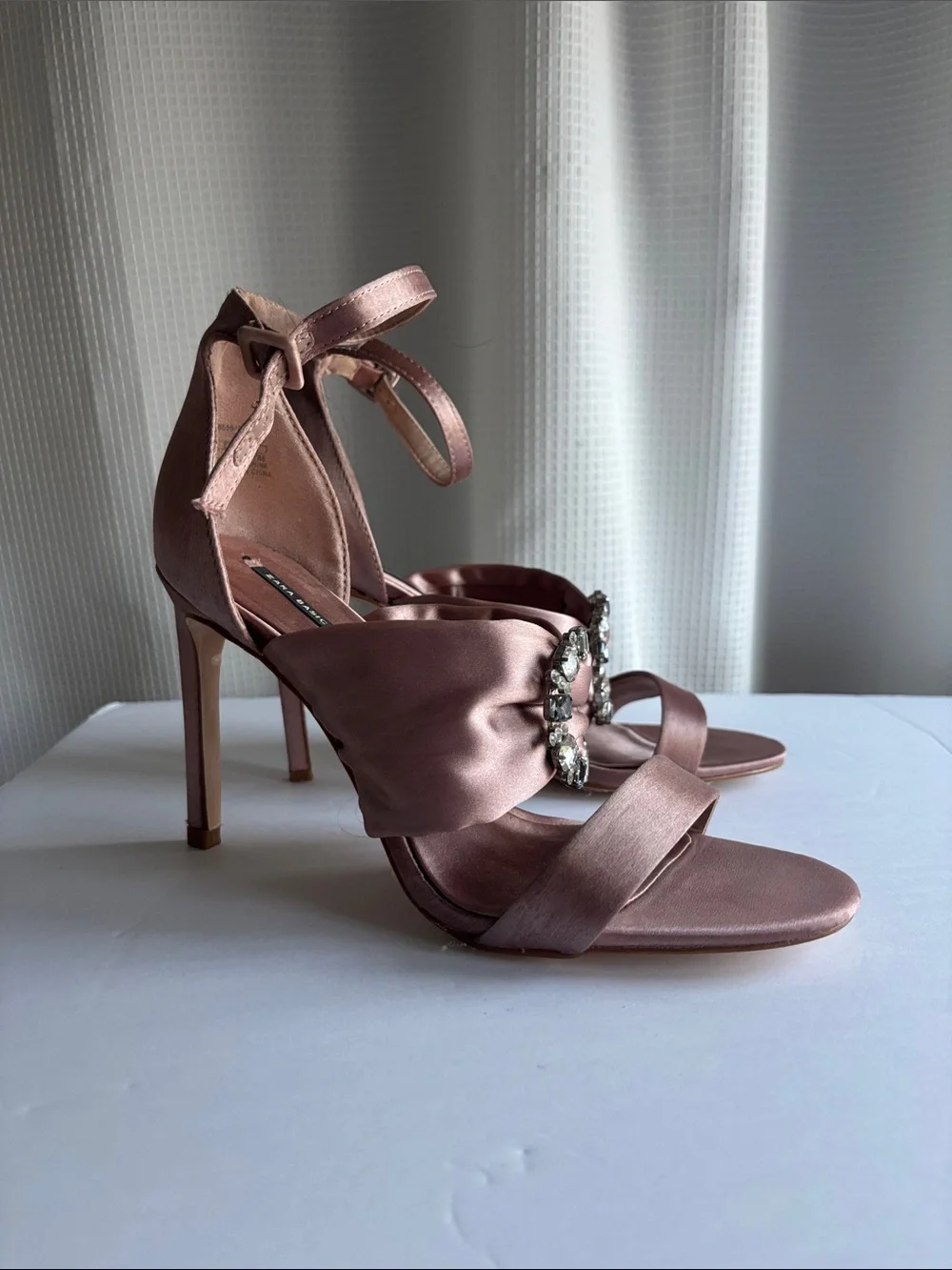 Satin Embellished Ankle-Strap Heels in Dusty Rose - Picture 2 of 9